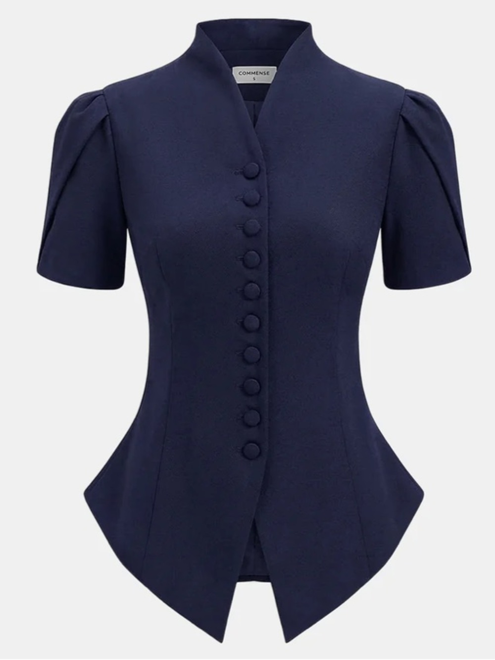 Commense Navy Short-Sleeve Stand Collar Button Front Blouse